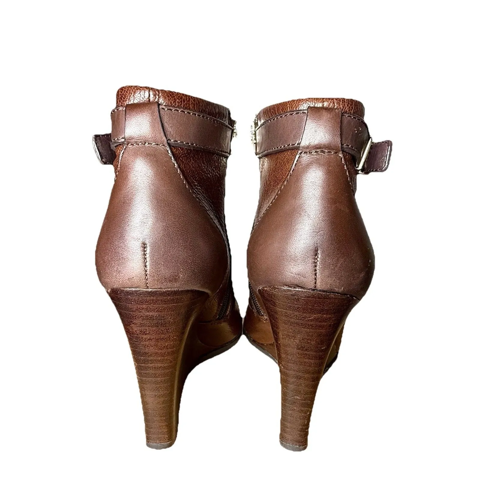 COACH Melody Leather Wedge Heel Almond Toe Ankle Boots Brown Zip Size 7B Booties - Image 6