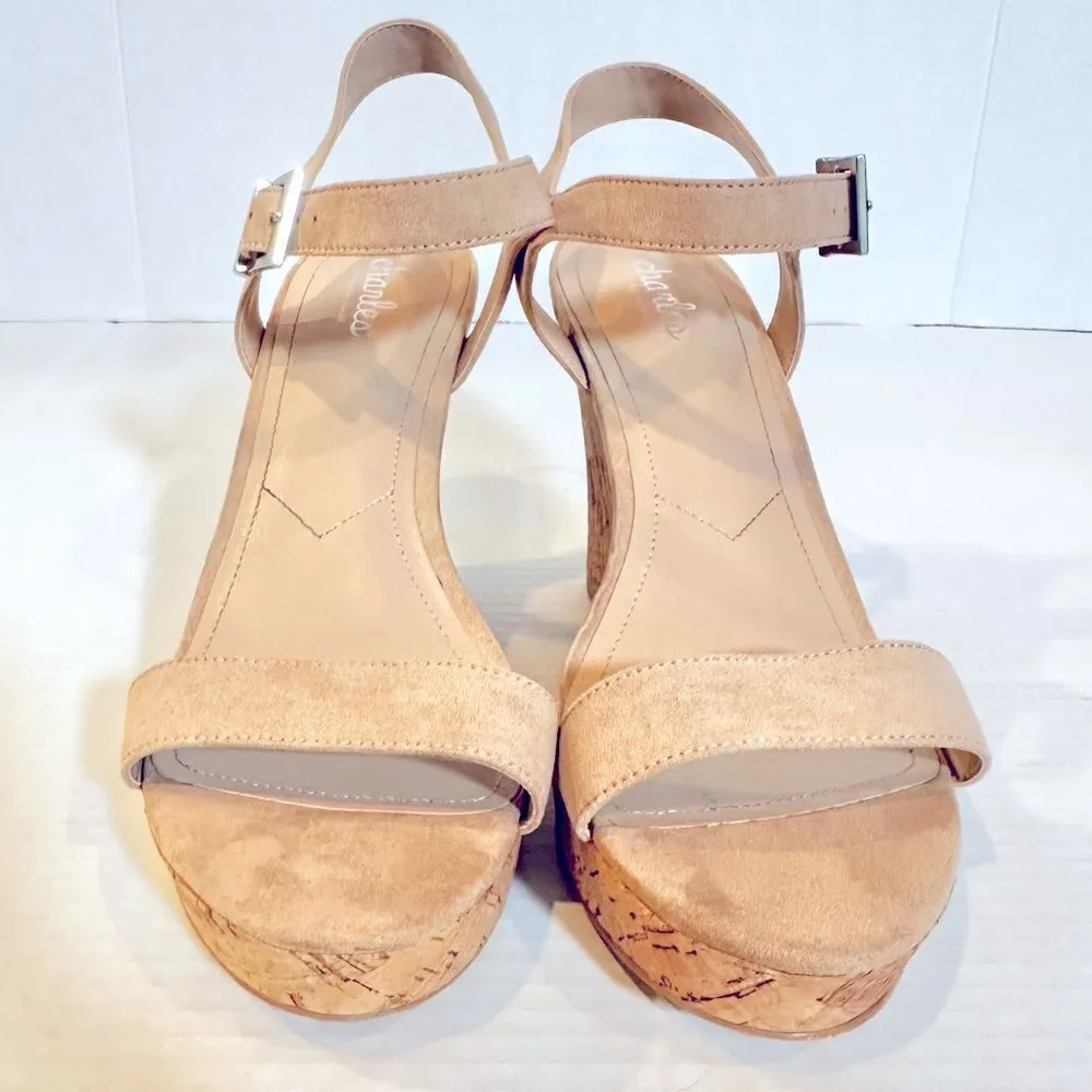 Charles‎ David Cork Wedge Sandal Women's Size 10M Beige Nude Faux Suede - Image 7