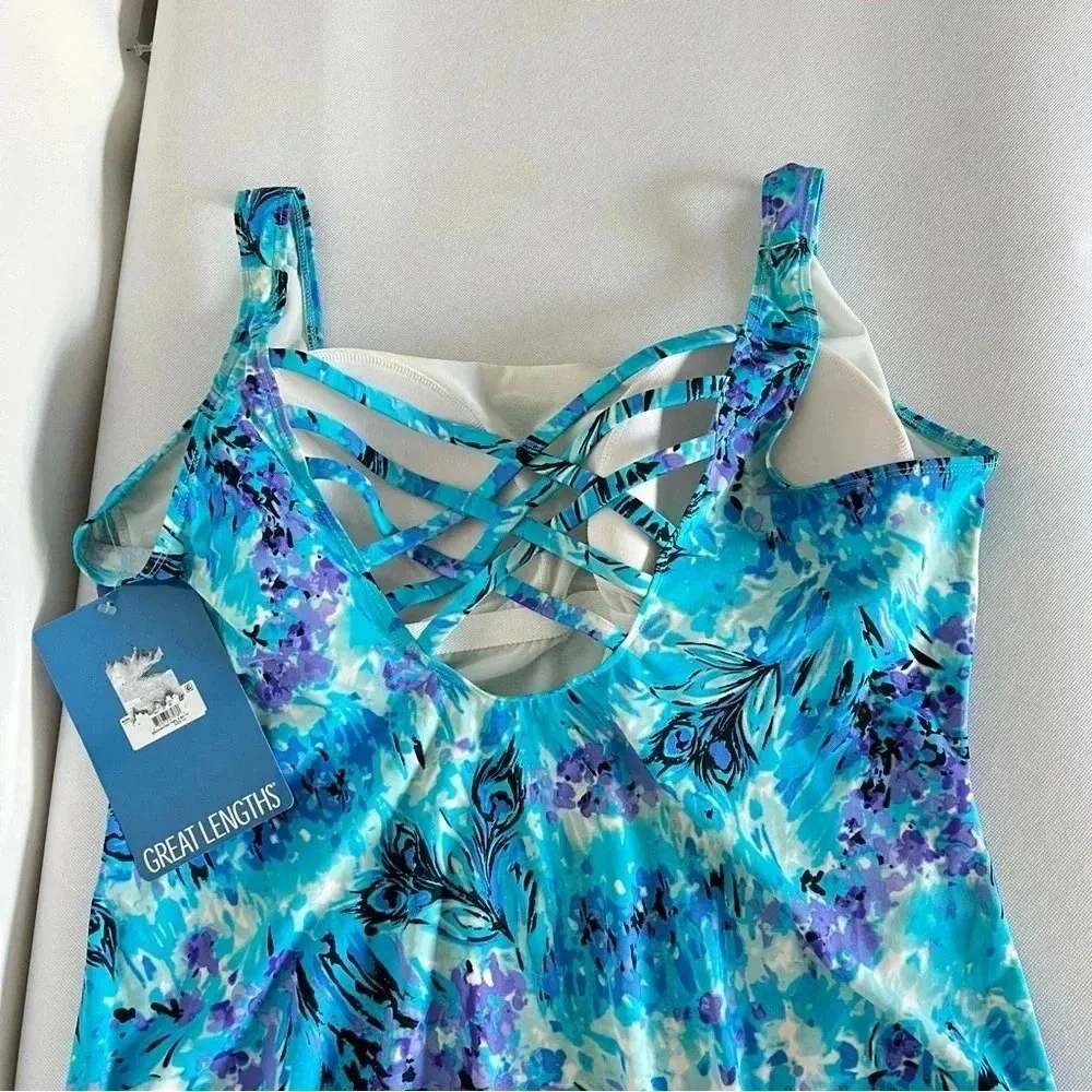 Great Lengths Full Coverage One Piece Swimsuit Size 24 Blue Multi Tummy Control - Image 6