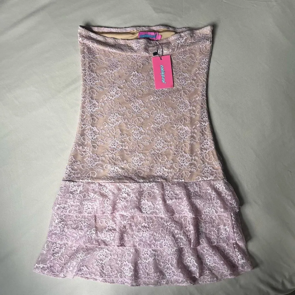 Edikted light pink mauve baby pink rose floral lace ruffle mini dress - Image 3