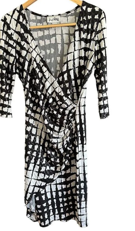 JOSEPH RIBKOFF | Black and White Graphic Faux Wrap Ruched Dress | Size 10 - Image 2