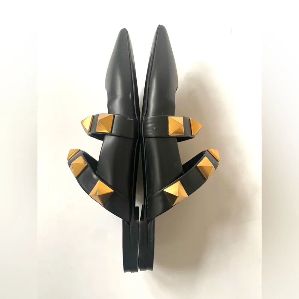 Valentino Garavani Black leather double strap Roman stud flat mules EU 38.5 - Image 5