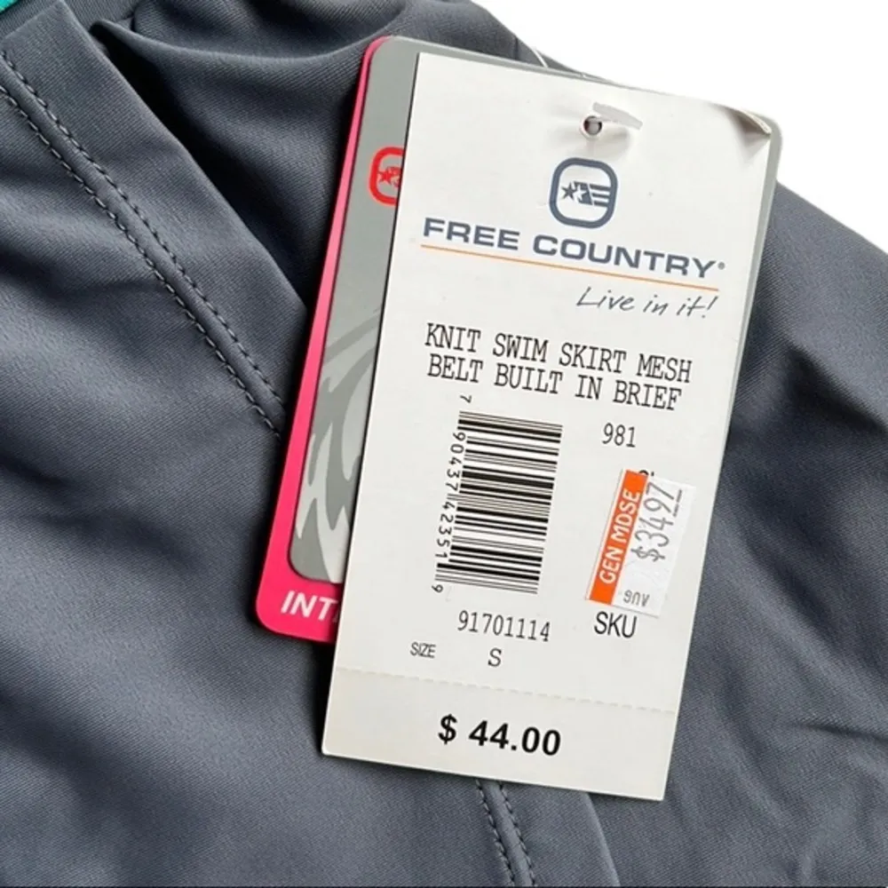 Free Country Gray/Blue Knit Swim Skirt Mesh Belt & Built in Brief New Size Small - Image 4