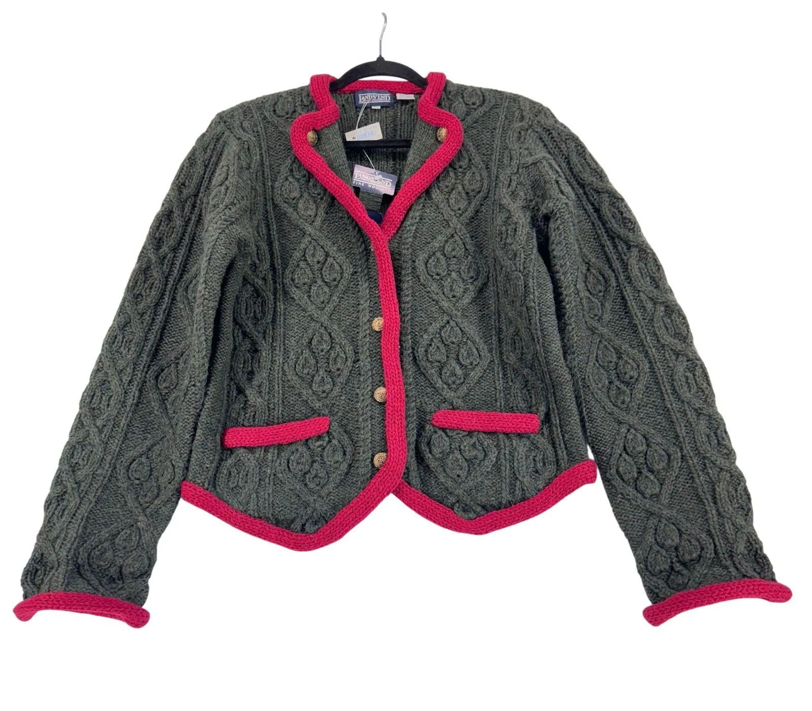 Lands’ End Vintage Shetland Wool Cardigan Green Pink Trim Cable Knit Jacket L Size L - Image 4