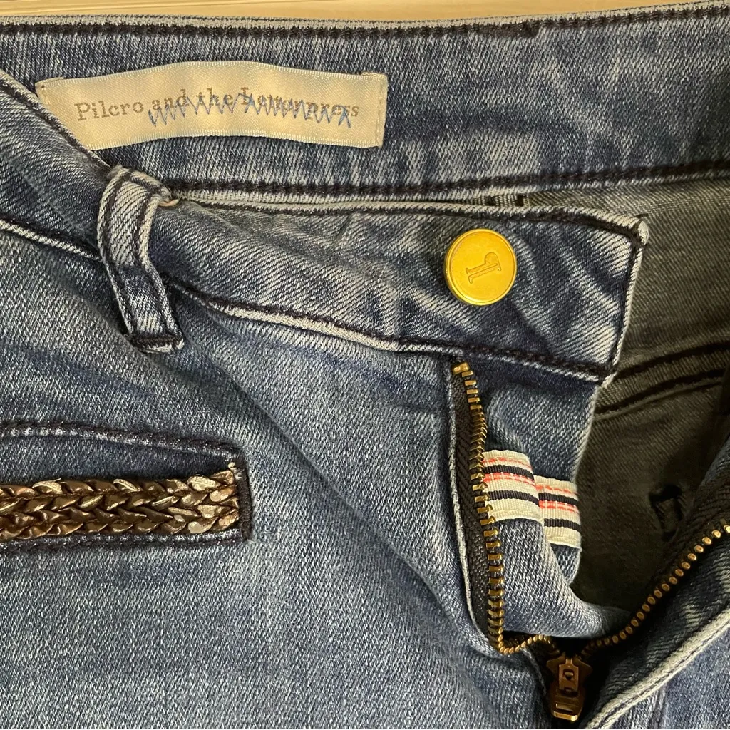 Anthropologie Pilcro Stet High Rise Flare Boho Leather Braid Trim Size 28 , 6 - Image 2