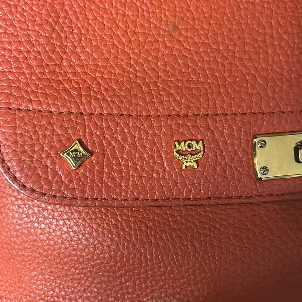 MCM Handbags Orange Leather Satchel Purse Small Tote Visetos Logo Studs Bag - Image 3