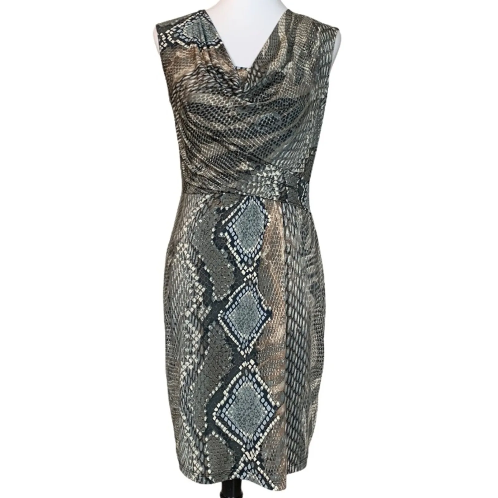 Dressbarn Sheath Dress Drape Cowl Neck Gray Tan Snake Print Women's Size 4 - Image 10