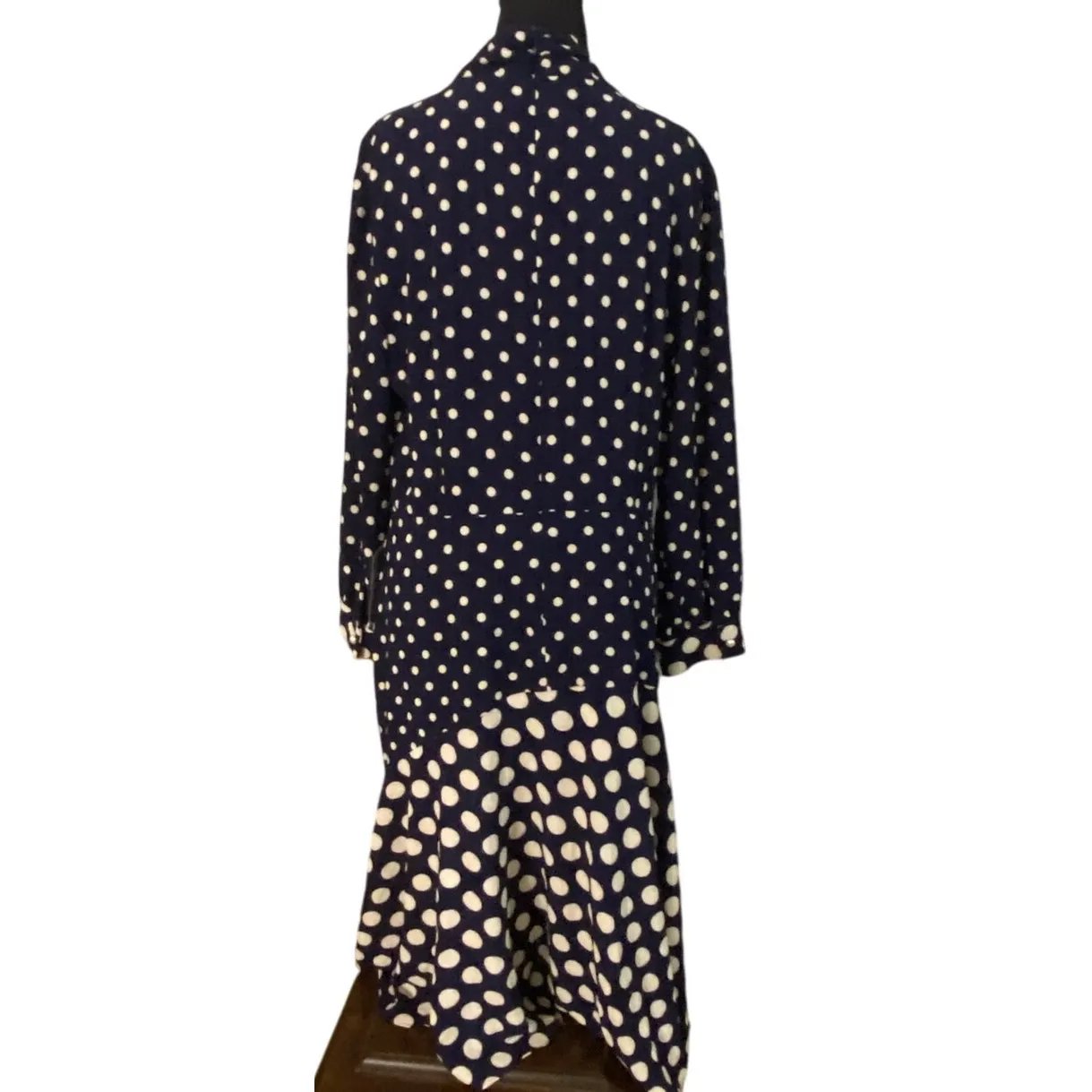 Maggy London Navy White Polka Dot Midi Dress Size 16 NWT High Neck‎ Long Sleeve Blue - Image 3