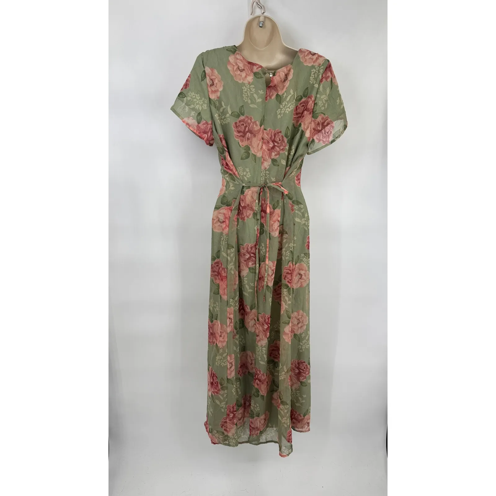 Vintage Fashion Bug Floral Maxi Dress  Women 12 Green Pink Roses Romantic Spring - Image 3