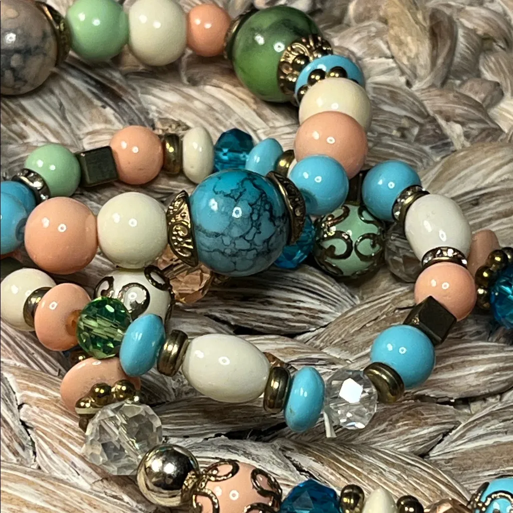 Multicolor Beaded Stretch Triple Bracelet Set Blue - Image 3