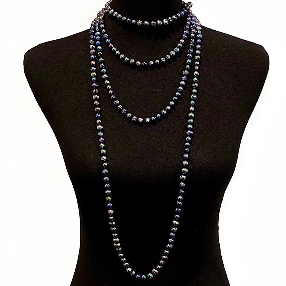 Vintage Peacock Pearls Necklace Endless Strand 99 inches Long Purple - Image 16