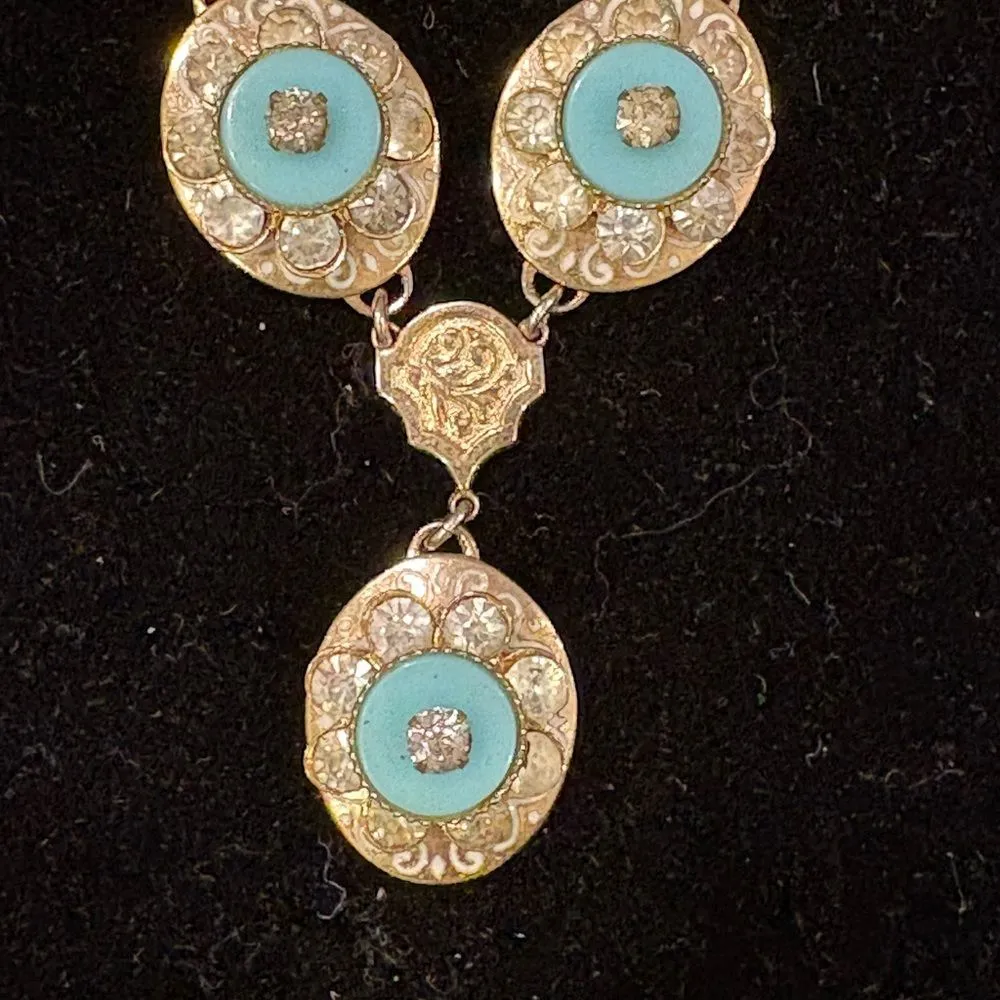 VTG Sarah Coventry Gold Tone and Faux Turquoise Jewelry Set 1949 - Image 2