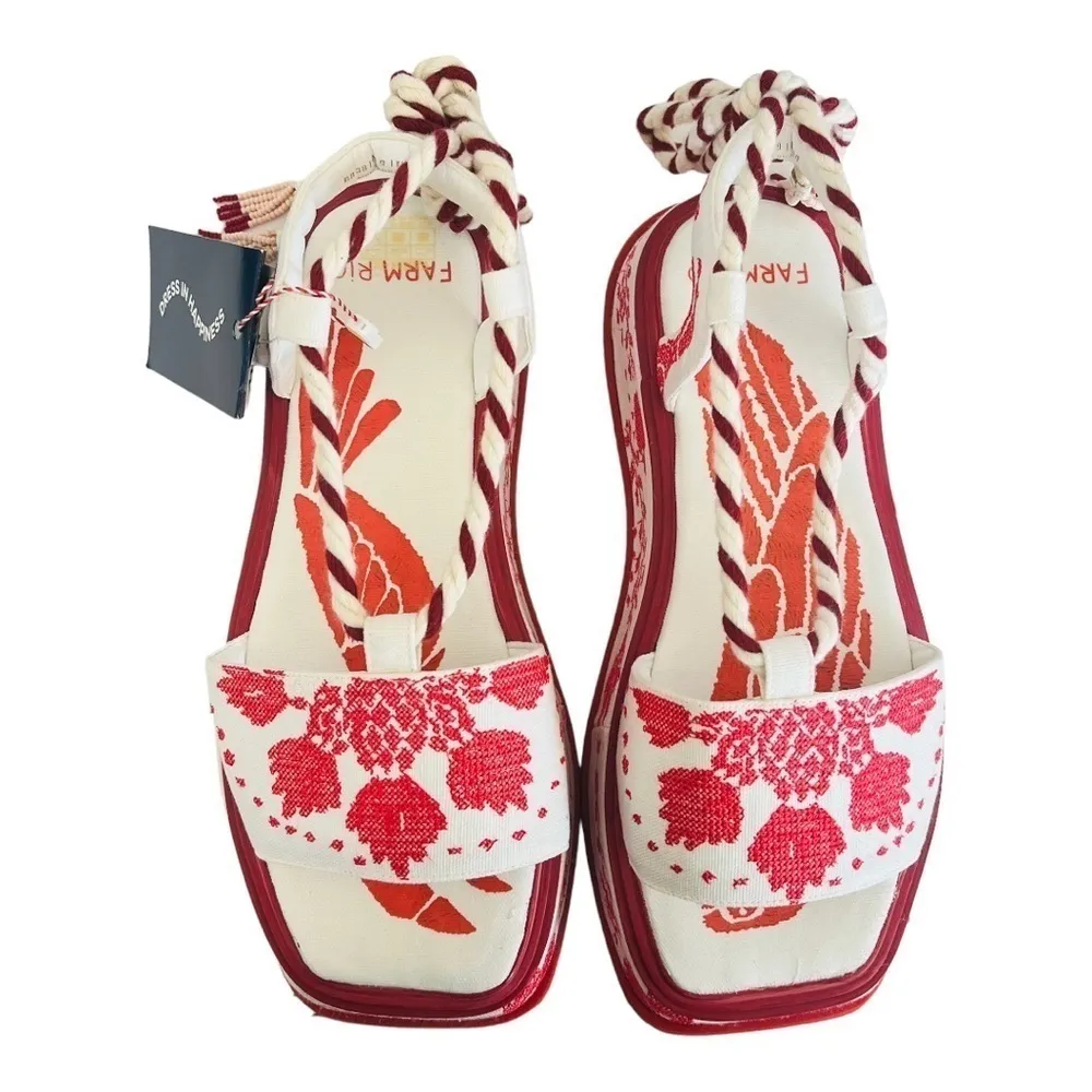 FARM RIO Red Embroidery Cross Stitch Flatform Ankle Lace Up Sandals NEW $285 - Image 11