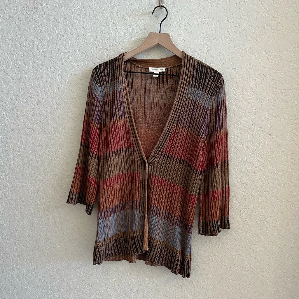 COLDWATER CREEK Brown Orange Rayon Stripe Button Cardigan Sweater Women’s Medium - Image 2