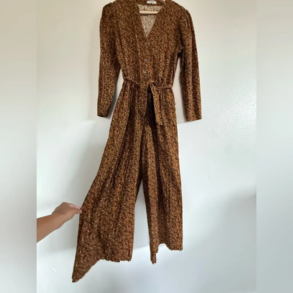 FRNCH Earthy Floral Jumpsuit Boho Long Sleeve Wide Leg Tie Waist size L - Image 4