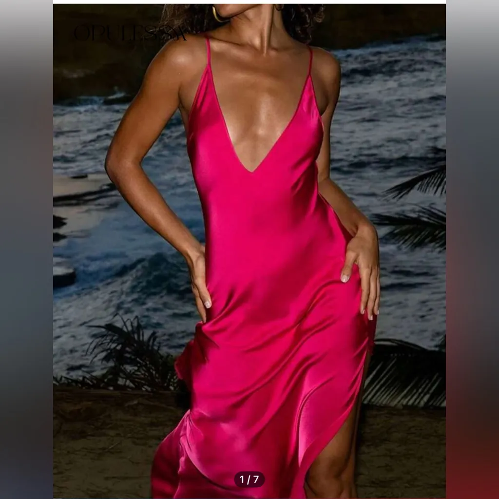 NWOT Opulessa Women HOT PINK Color Spaghetti Strap Simple Fitting Long Dress - Image 10