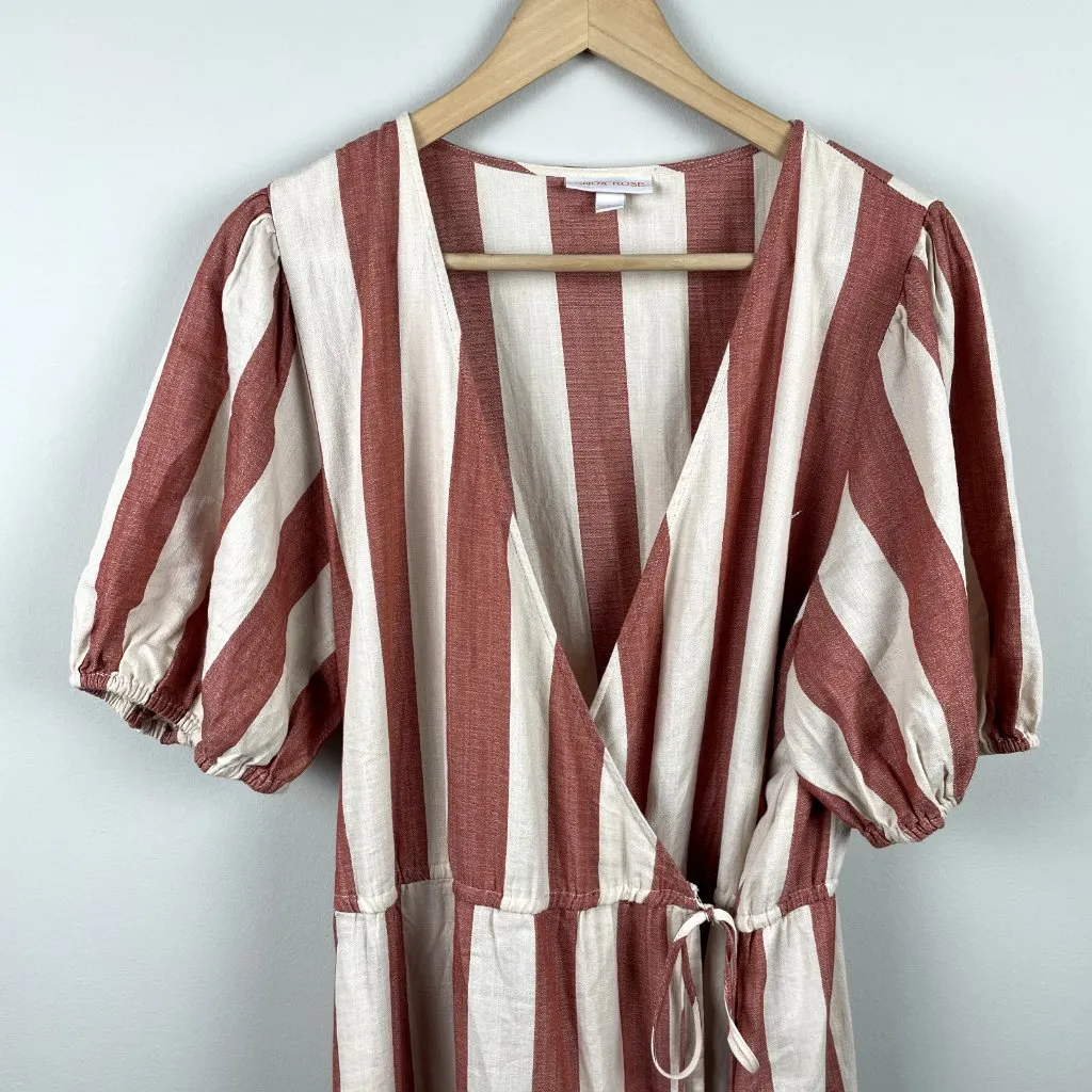 Knox Rose Wrap Dress‎ L Maxi V-Neck Striped Cream Brick Tiered Short Puff Sleeve - Image 5