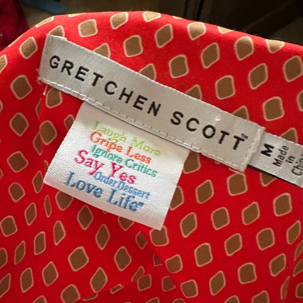 Gretchen Scott Stand Collar Ruffle Top Red Gold Blouse Size Medium Colorful - Image 3