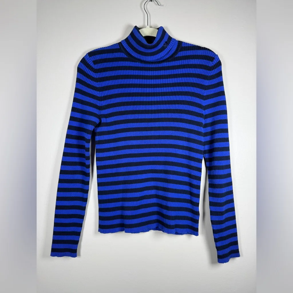 LAUREN RALPH LAUREN Vintage Y2K  Blue /Navy Striped Ribbed Turtleneck Preppy - Image 3