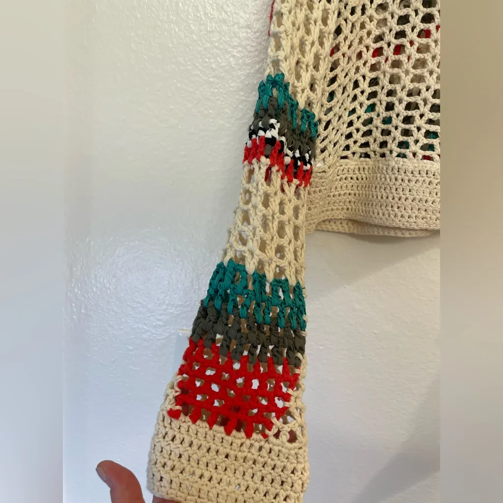 Sandro Paris Knit Steiped Cream and Multicolor Crochet Crew Neck Sweater Size 2 - Image 6