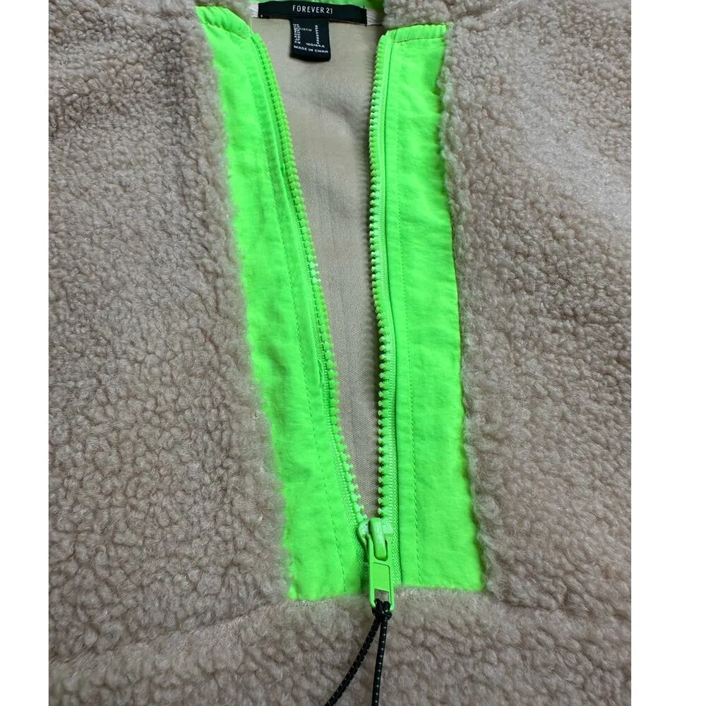 Forever 21: Tan Sherpa Quarter Zip Pullover with Neon Green Accents - Image 5