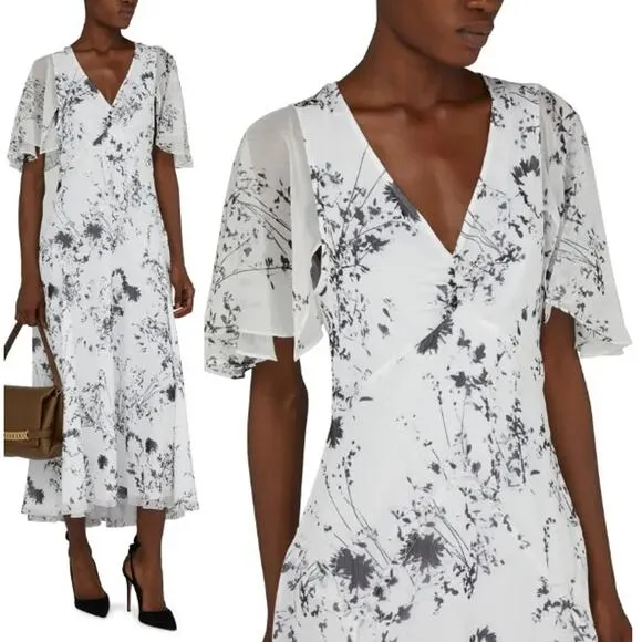 Victoria Beckham Floaty Godet Midi Dress Floral Negative White/Black Womens US 2 - Image 1