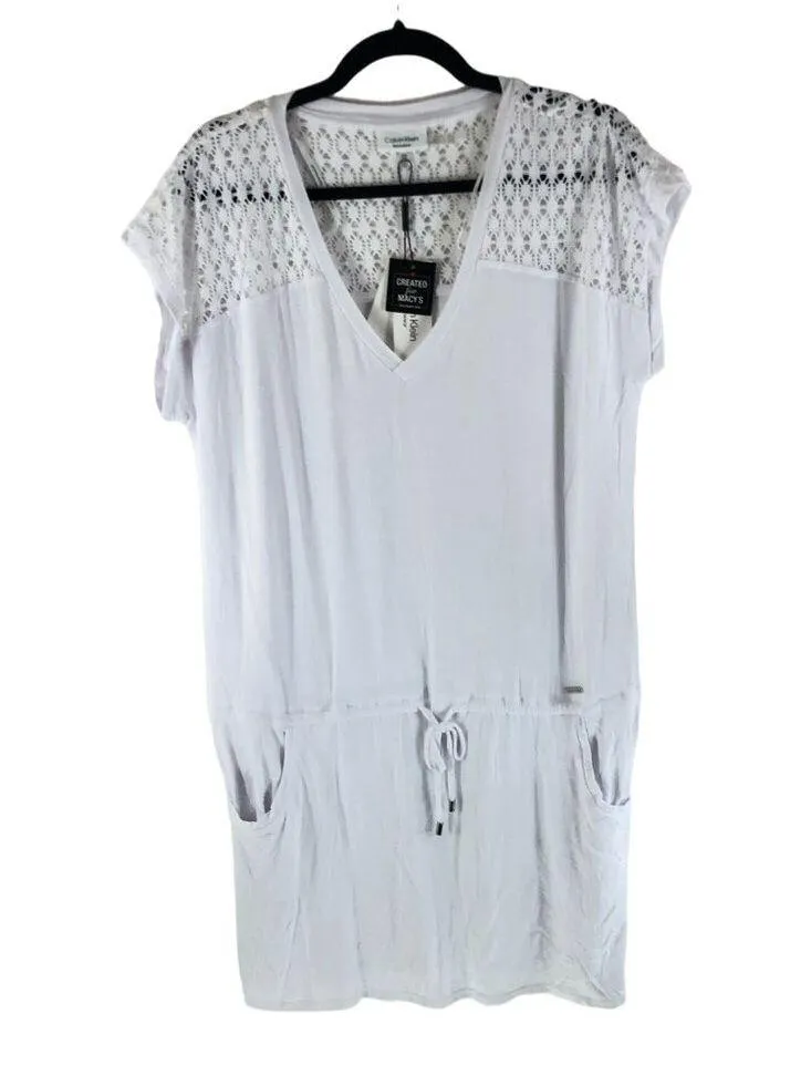 Calvin Klein Crochet-Shoulder Tunic Swim Cover Up Drawstring Pockets White S/M - Image 2