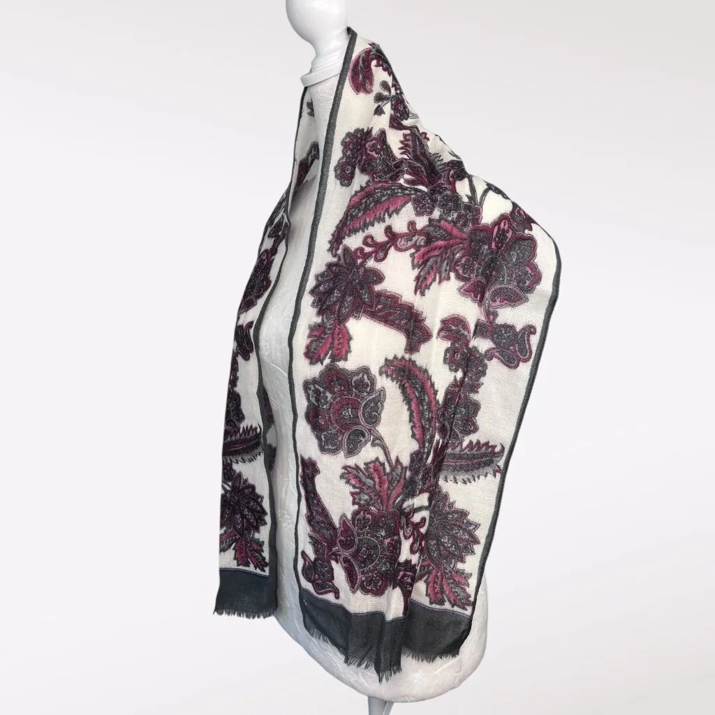 Vintage Floral Print Wool Blend Rectangle Scarf Gray Red White Multiple - Image 3