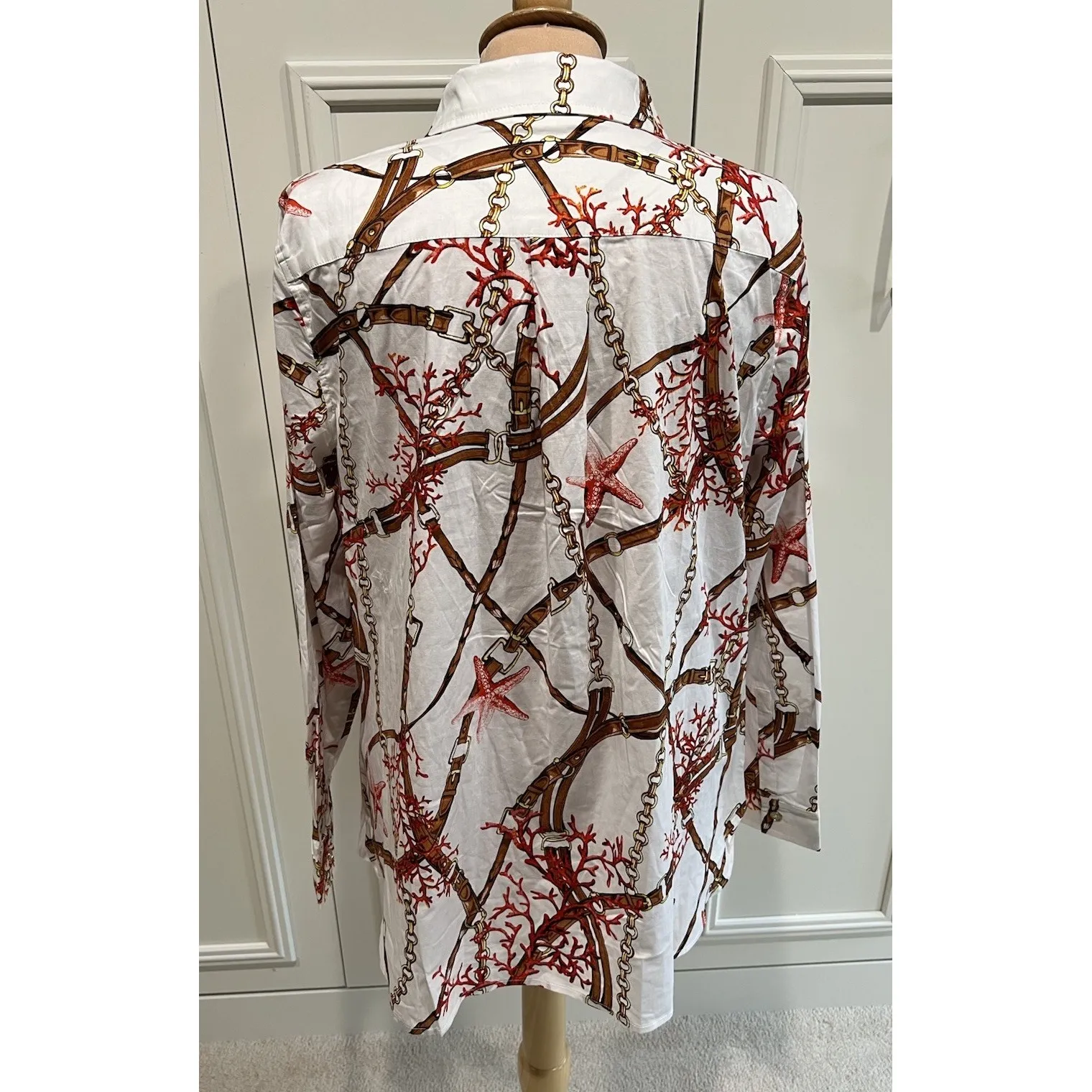 Susan Graver Bridle Coral Starfish Printed Button Up Shirt Artsy Equestrian - Image 4