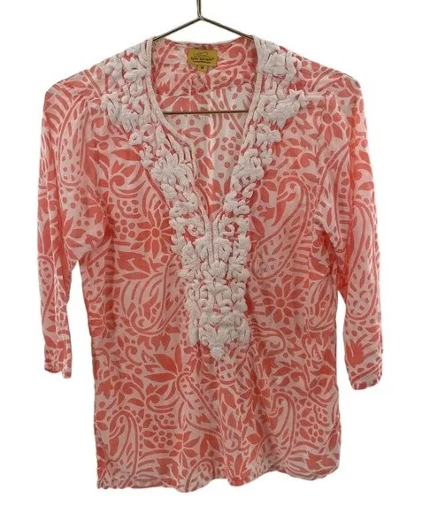 Roberta Roller Rabbit Size M Embroidered Tunic Blouse Ivory Coral Beach Paisley - Image 1