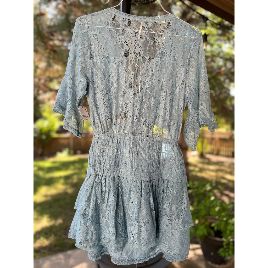 New FREE PEOPLE  Size L Lala Lace Mini Dress $128 Blue Sexy Boho Chic Festival - Image 14