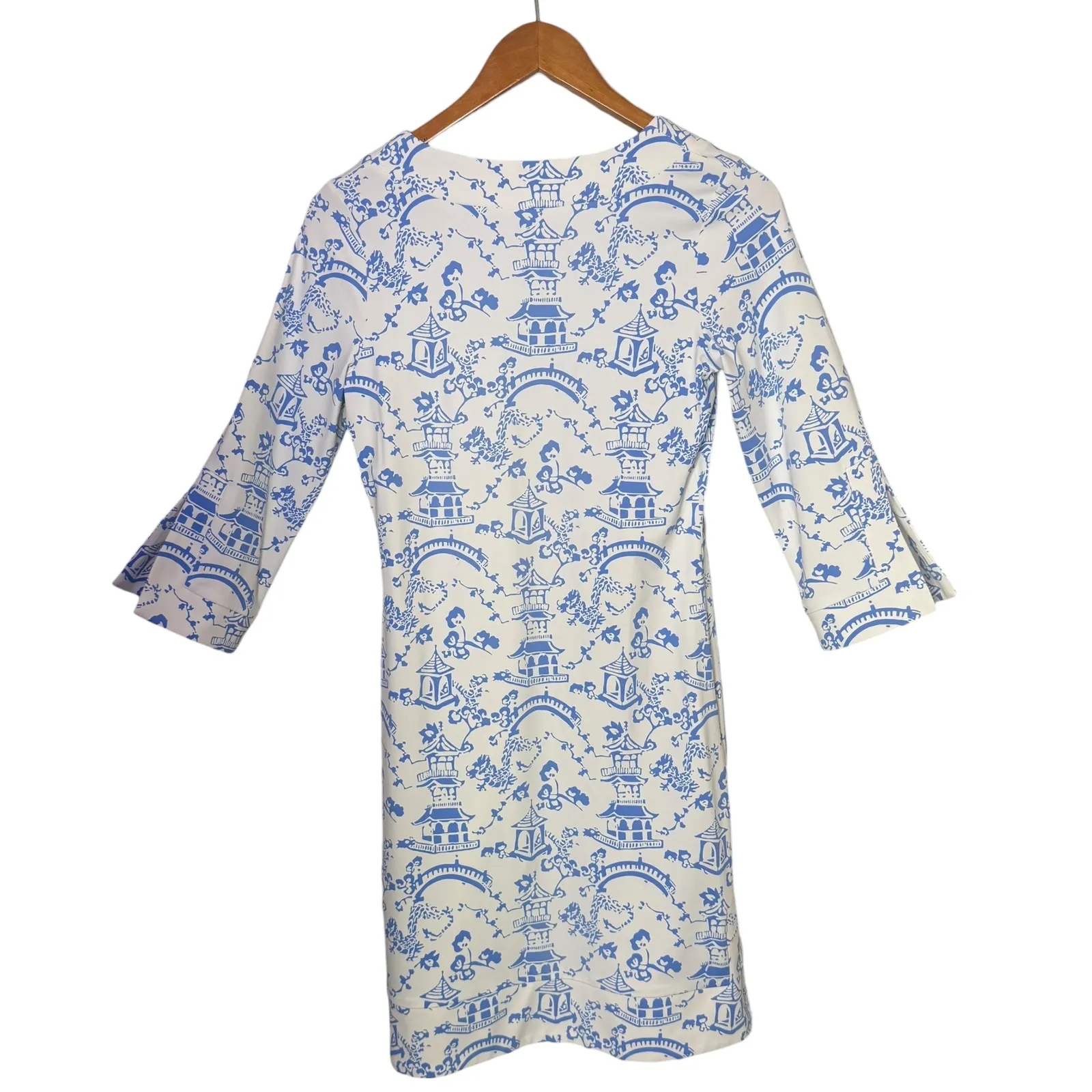 Jude Connally Megan Short Dress Chinoiserie Print Asian Artsy Size XS Blue White - Image 2