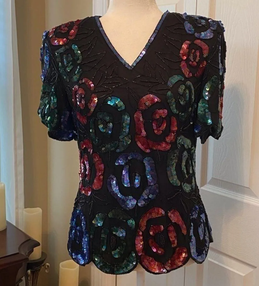 Vintage Stenay Multicolor Sequin Beaded Party Blouse, Evening Wear, 1980 - Image 2