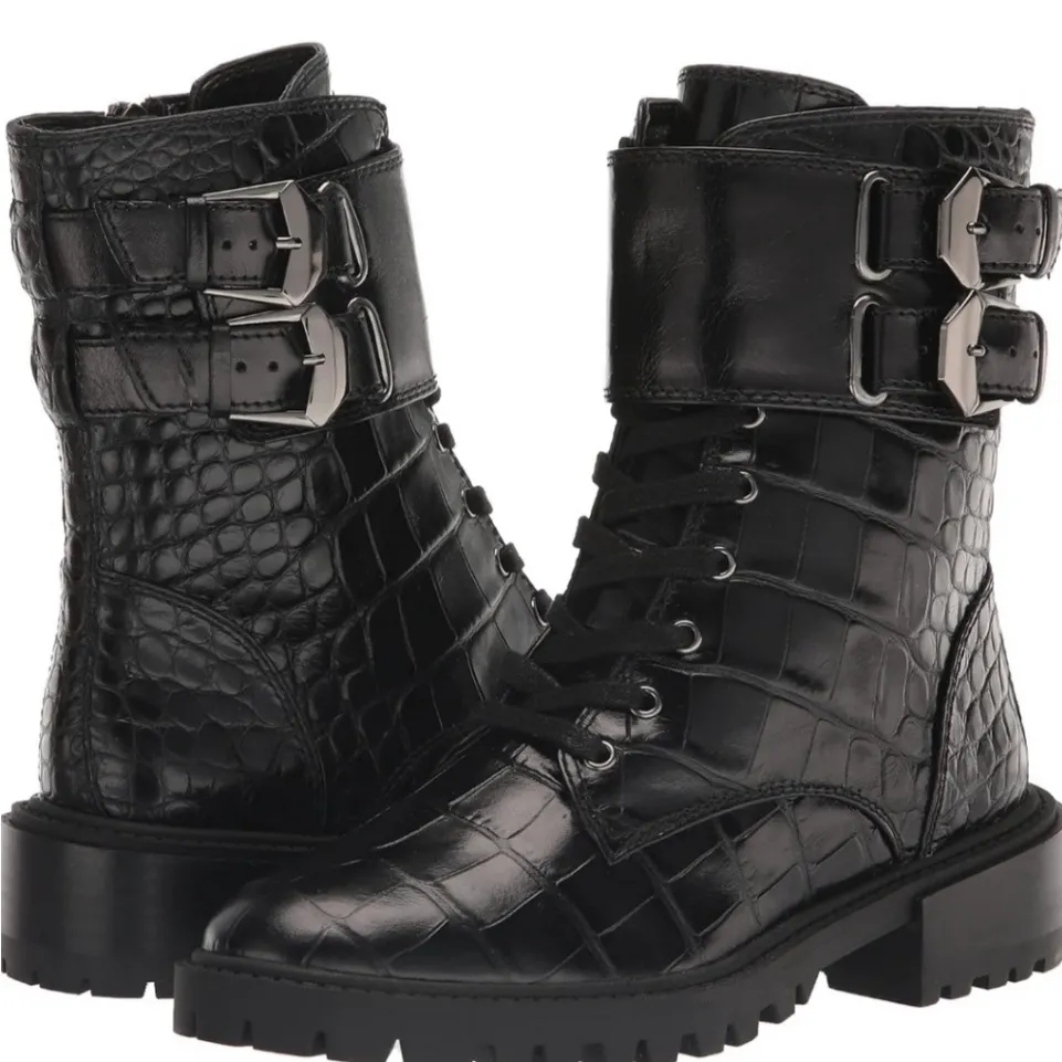 New! Vince Camuto Black Croc Lace Up Fawdry Block Heel Leather‎ Combat Boot Sz 6 - Image 2
