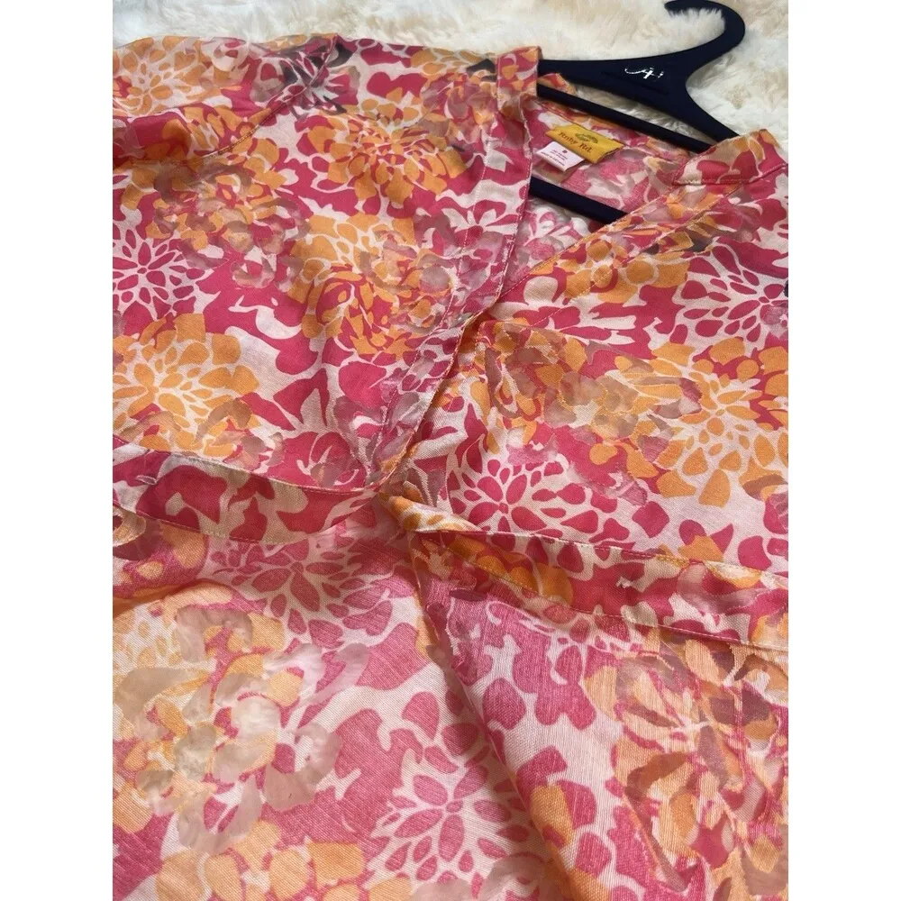 Ruby Rd Pink/Orange Floral Sheer Button Down Top Sz 8 - Image 10
