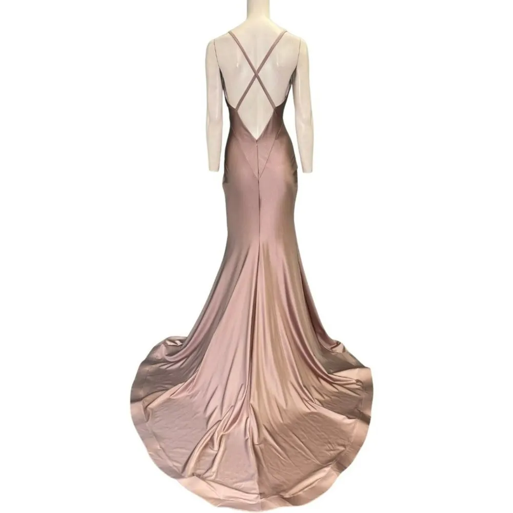 Jessica Angel 510 Cross Back V-Neck High Leg Slit Gown Blush Size Small NWT - Image 2