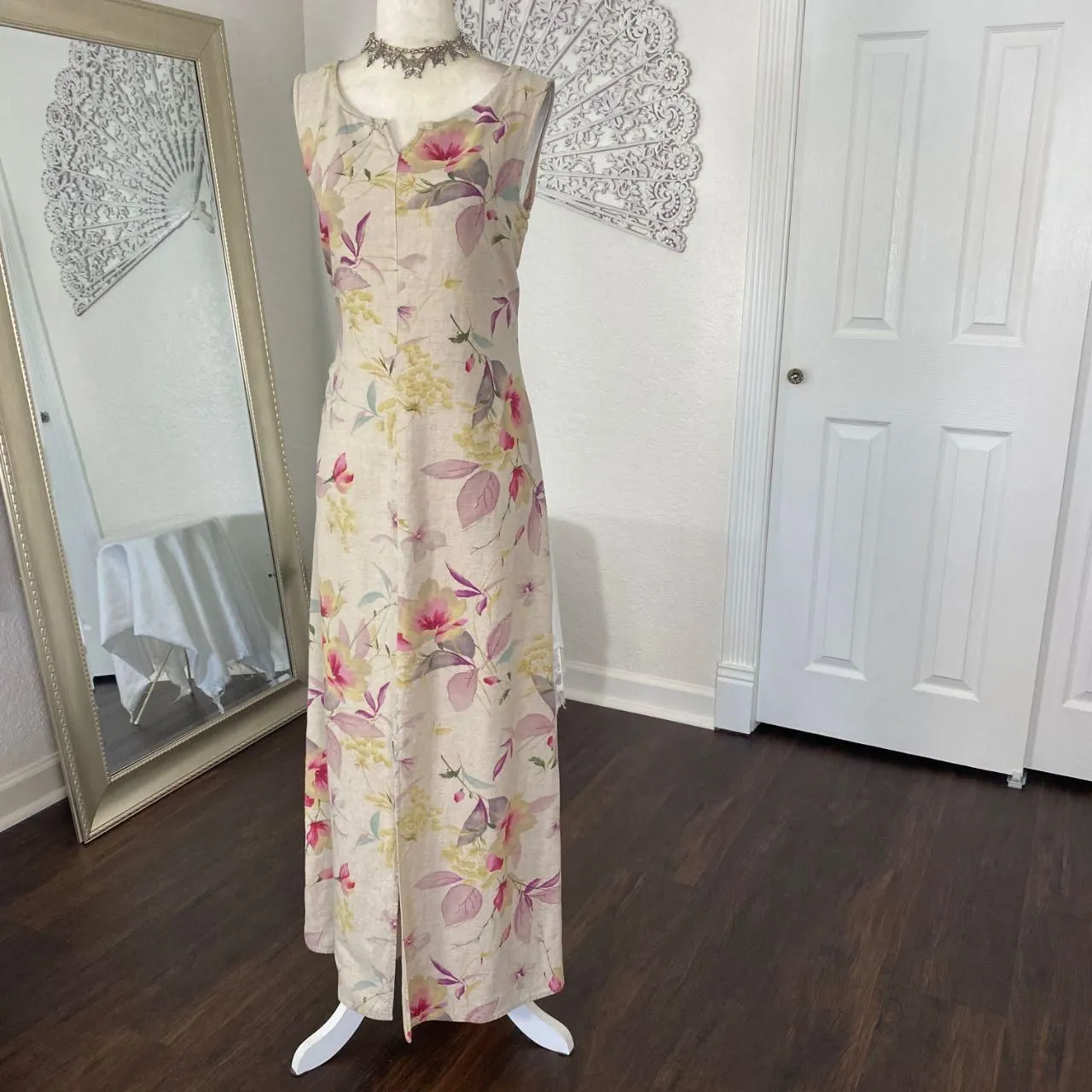 Liz Claiborne Vintage Tan Cream Pastel Flower Boho Floral Linen Midi Maxi Dress - Image 2