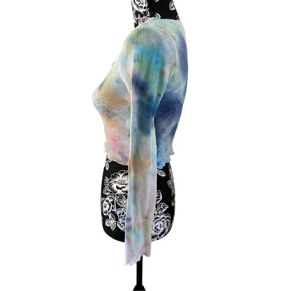Freshman Rainbow Tie Dye Crop Top Waffle Lounge Cropped Long Sleeve T Shirt Blue Size XS - Image 3
