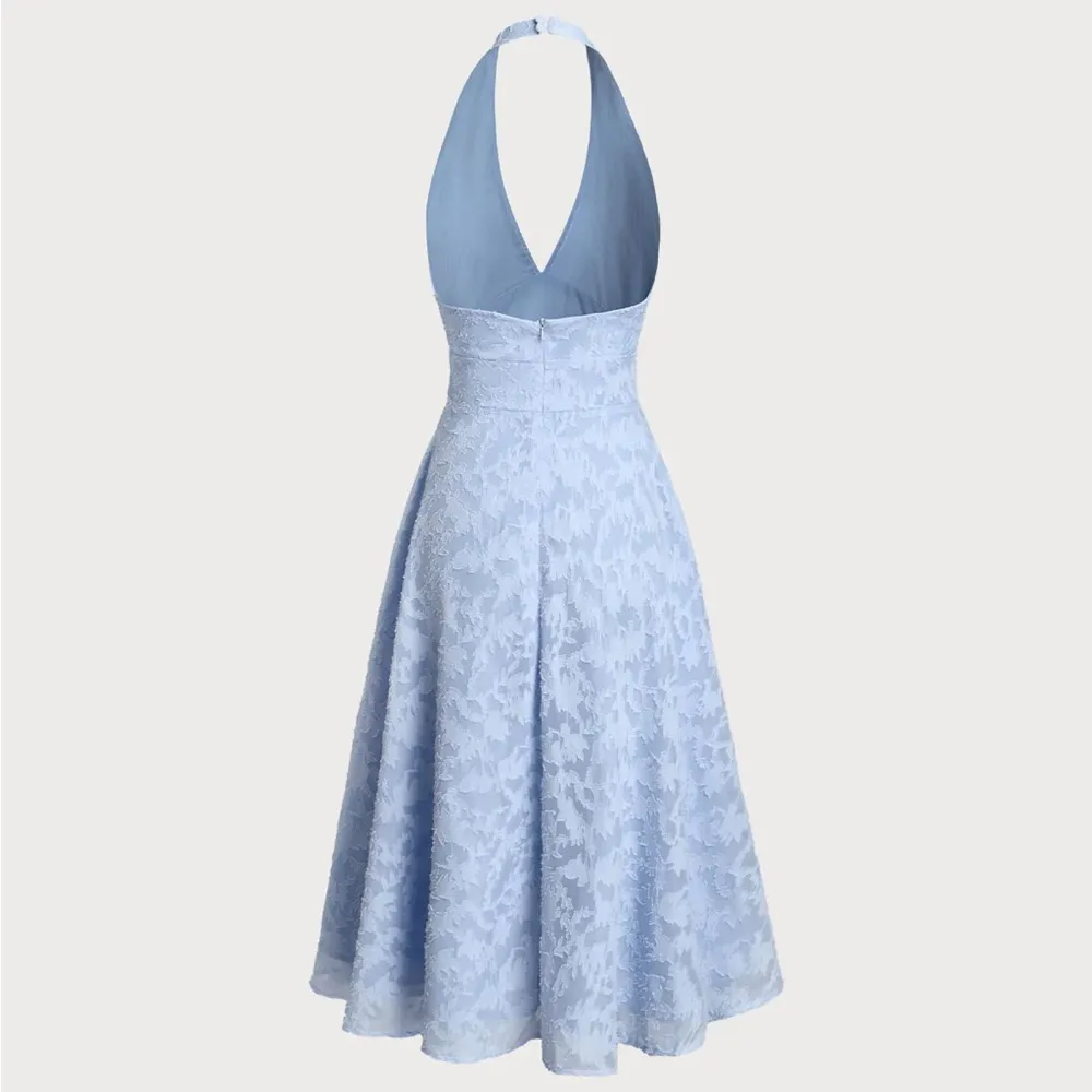 Rihoas Blue Textured Backless Halter Midi Dress - Image 2