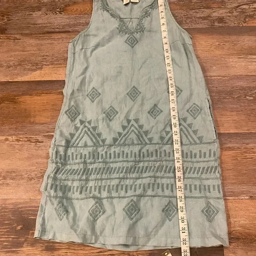 C&C California Women’s Linen Tunic Dress XS Turquoise Blue Pockets Embroidery - Image 4