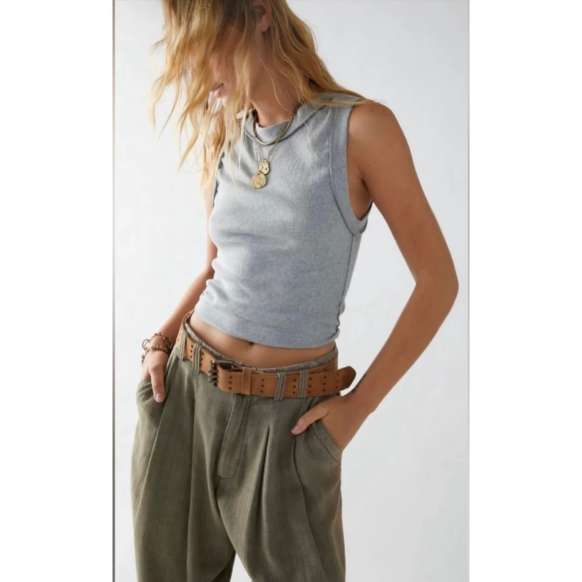 Free People We the Free Kate Rib Stretch Cotton Distressed Tank - gray XS - Image 3
