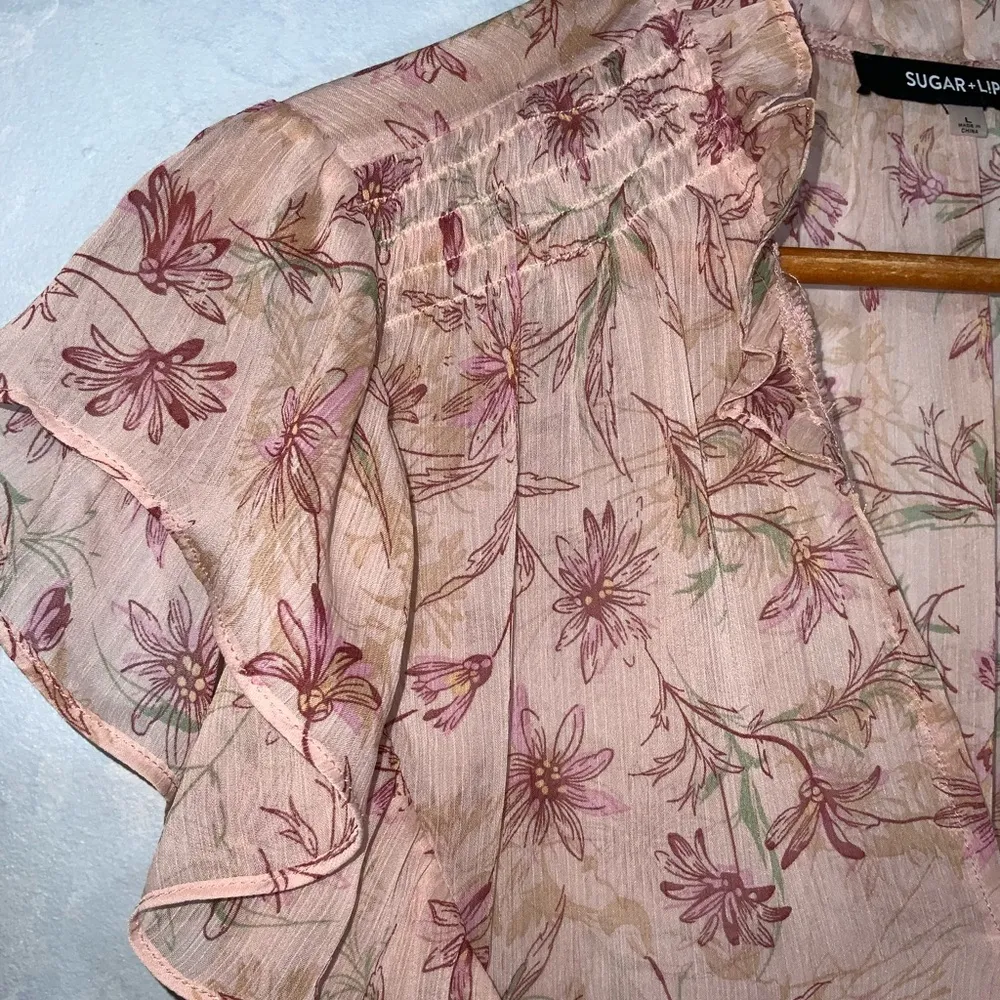 Sugar lips Blush Semi Sheer Floral Ruffle Cap Sleeve V-Neck Dainty Chiffon Top L - Image 6