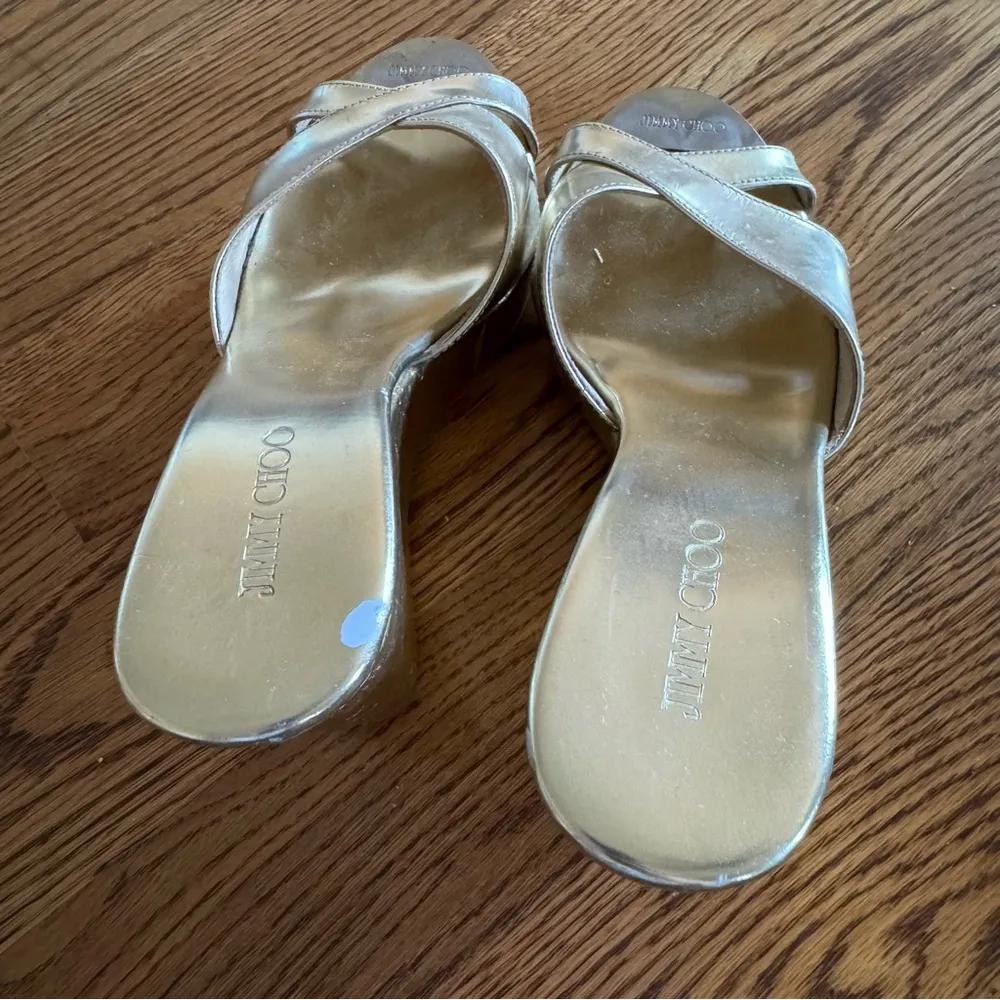 Jimmy Choo Gold Patent Leather Perfume Cork Wedge Platform Sandals Size 37 - Image 5