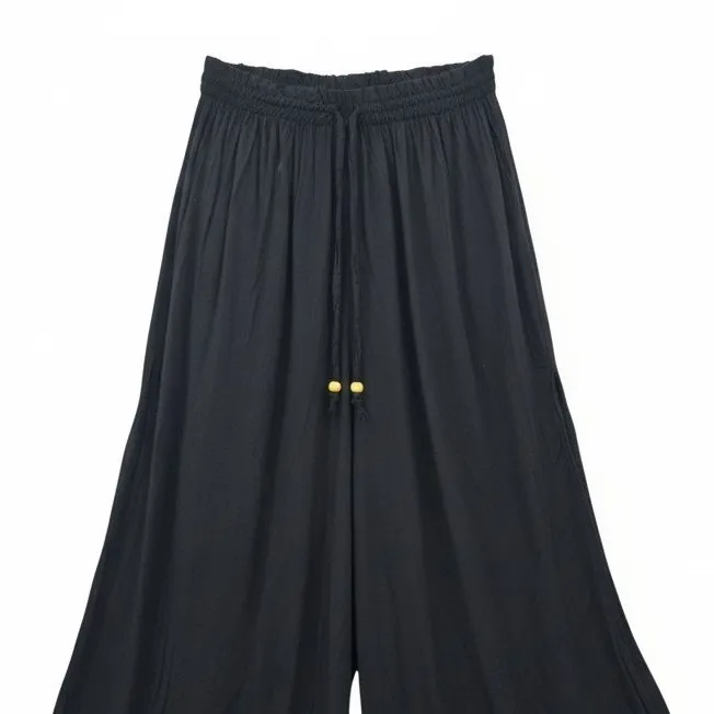 Black Wide Split Flowy Straight Beach Vacation Lounge 90s Pullon Boho Pants XS - Image 5