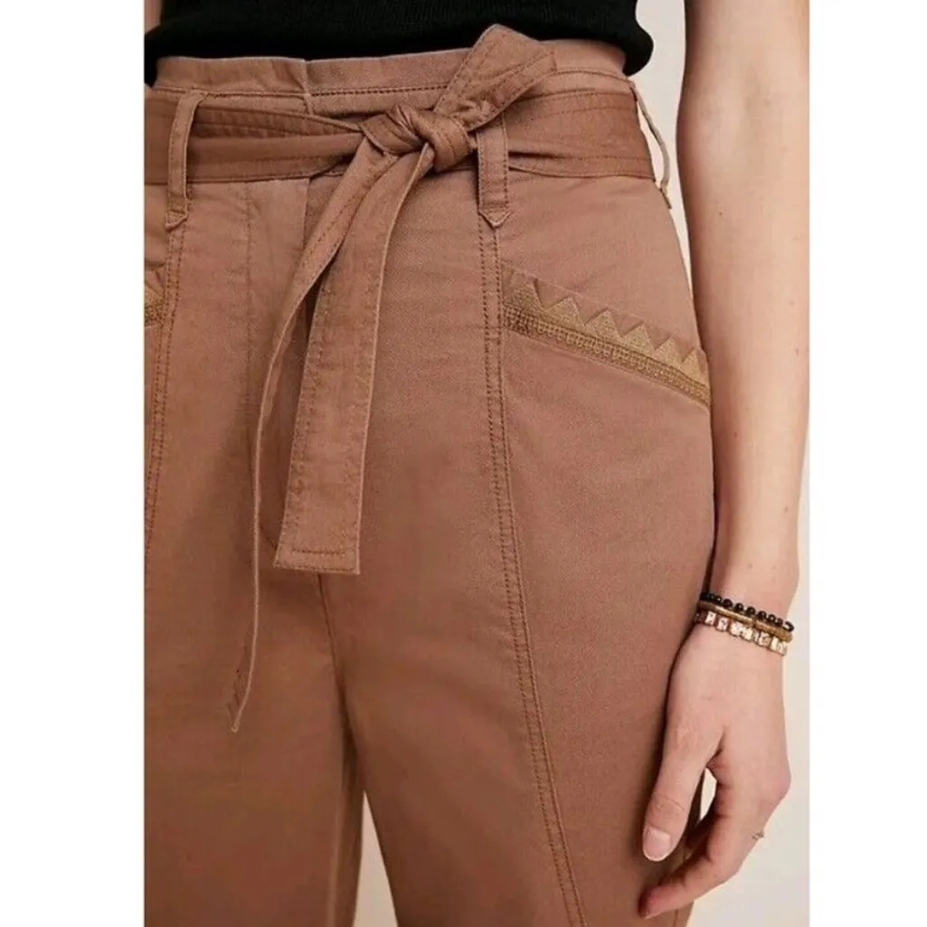 Anthropologie Ellie Embroidered Utility Pants Paperbag Cargo Brown Women’s 0 - Image 2