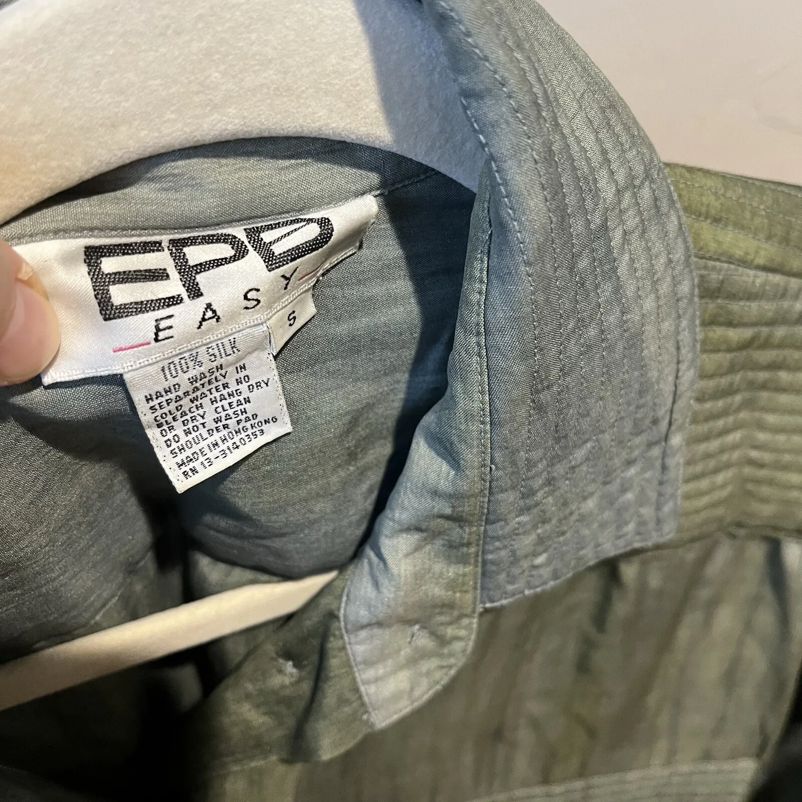 Women Vintage Silk Button Up Shirt Blouse Tie Dye Indie Green Utility Classi - Image 7