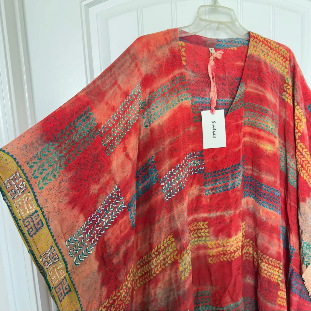 Sun Child Silk Kaftan Boho Kantha Wide Sleeves V Neck Kimono Dress One Size NWT - Image 6