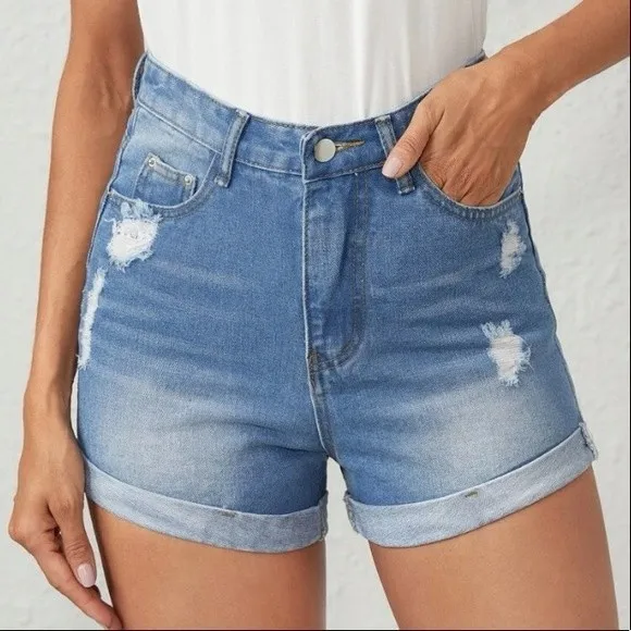 SHEIN Distressed High Waisted Jean Shorts Size Medium - Image 4