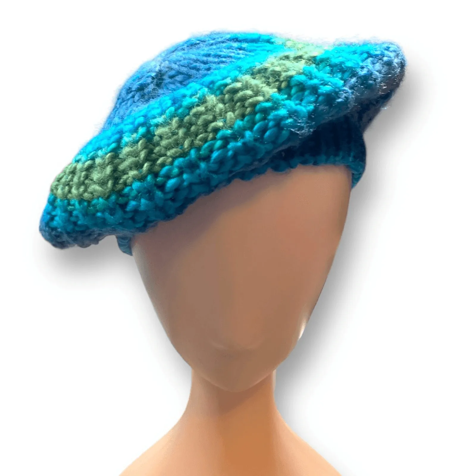 Knit Beret Hat Green Blue Tonal Shades Slouchy Multicolor Winter Cap Warm - Image 4