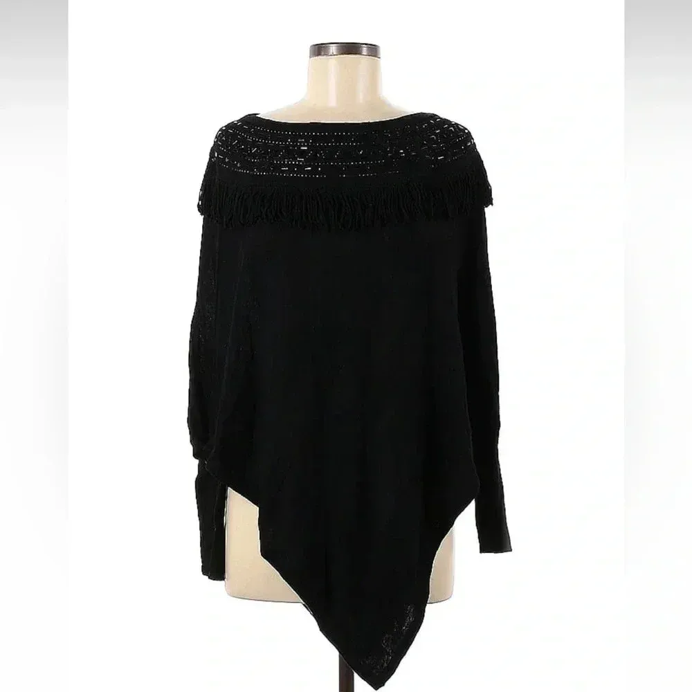White House Black Market Fringe Black Wool Cape Sweater Embellished Size XS - Image 6